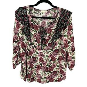 Jane & Delancey Pink Red Floral Boho Ruffled Blouse Medium